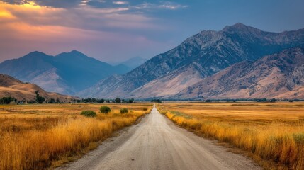 A dirt road stretches through golden fields toward majestic mountains under a colorful, dramatic sky at sunset