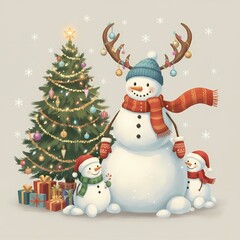 Festive Cartoon Illustration of Snowman Family and Decorated Christmas Tree