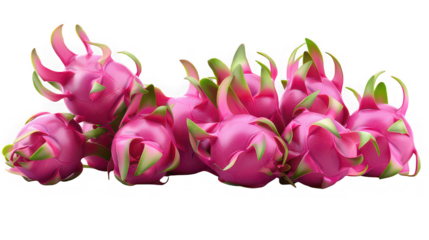 A group of fresh and vibrant dragon fruits isolated on transparent background, showcasing their unique pink skin and green scales