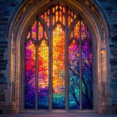 Fototapeta premium Vibrant stained glass window with intricate tree designs and colorful sunset hues in a gothic archway