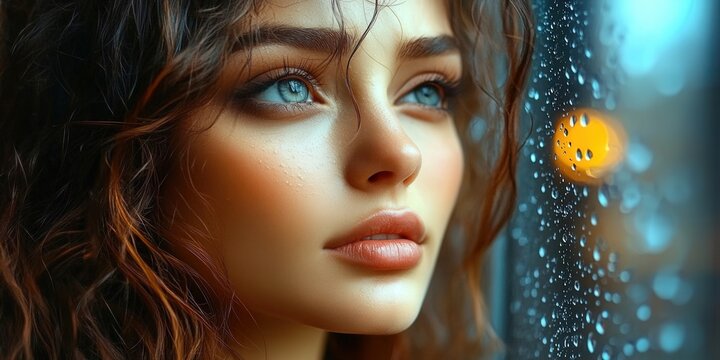 A stunning woman with blue eyes looks out at the rain through a window, a portrait of beauty.