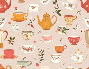 Teacups and teapots in a floral pattern