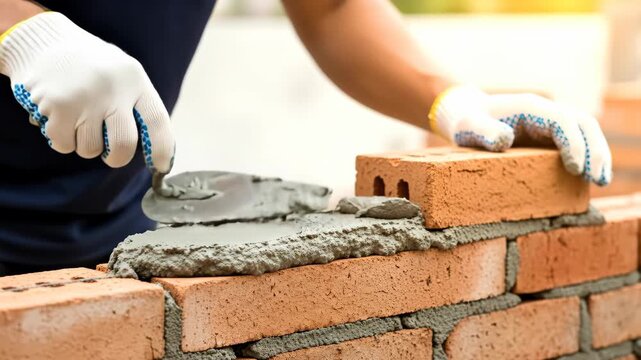 Construction worker building a brick wall with mortar and trowel, showcasing the masonry process in video footage