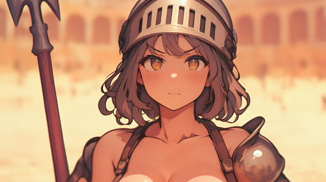 Empowering Female Gladiator: A Striking Illustration of Strength and Courage in the Ancient Arena, Portraying Determination in the Face of Battle.