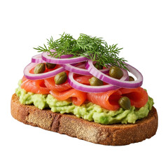Single, perfectly arranged slice of gourmet avocado toast with smoked salmon, capers, red onion, and dill, isolated on transparent, high-end food photography concept.
