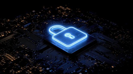 Neon lock icon on a circuit board