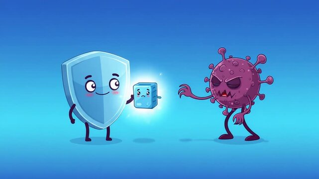 Cartoon characters with shield and ice cube in blue