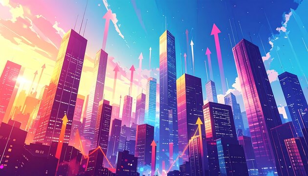 Vibrant cityscape with upward trending arrows - Powered by Adobe