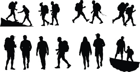 Hiking people silhouette, backpackers walking outdoors, trekking adventure, mountain climbing, camping lifestyle, outdoor exploration, travel journey, couple hikers, vector illustration design