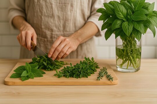 A person chopping fresh herbs on a wooden board with a basil bouquet in a glass nearby. Generated AI.