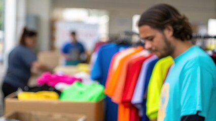 Group sorting bright T-shirts for donation — preparing items for charity sale or second-hand shop