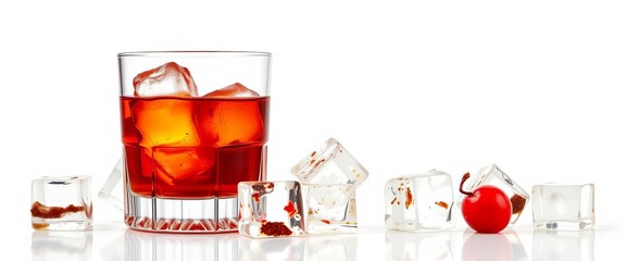 Classic Manhattan cocktail, amber liquid, ice cubes, garnished with a cherry, isolated on white,  studio,  cherry