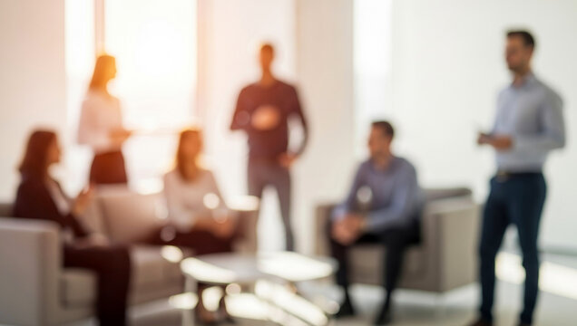 Blurred group of people in a bright modern office setting with natural light filling the space, creating a contemporary atmosphere of collaboration, focus, and professional interaction.