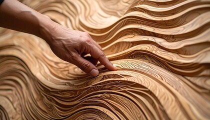 A person's hand delicately touches a carved wooden art piece, showing organic waves and intricate layers. The warm wood tones contrast with the skin, evoking a sense of touch and texture. 