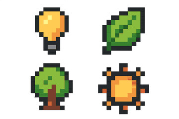 Pixel art icon set for green energy. 8 bit retro video game asset. Ecology and nature symbols. Sun, leaf, tree, lightbulb. Sustainable power vector illustration collection.