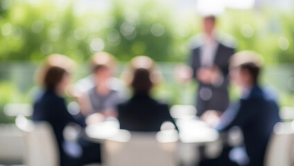 Blurred business meeting with people around a table outdoors in daylight, presenting an abstract yet vibrant atmosphere that combines teamwork, creativity, and natural surroundings.