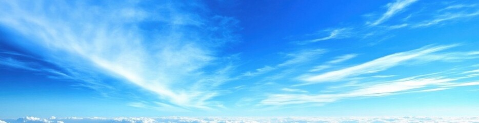 Obraz premium Expansive blue sky with streaks of cirrus clouds and horizon view. Ideal for peaceful backgrounds, nature visuals, and sky-themed creative designs.