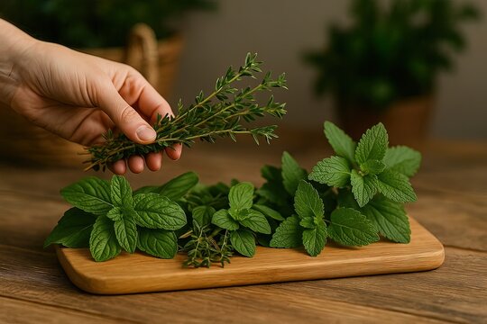 A hand holds a rosemary sprig above a wooden board with various fresh herbs arranged neatly. Generated AI.
