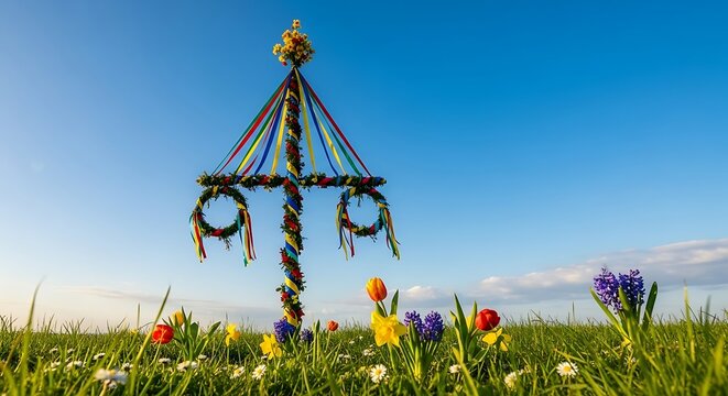 Swedish Maypole Celebration in Springtime Meadow.
