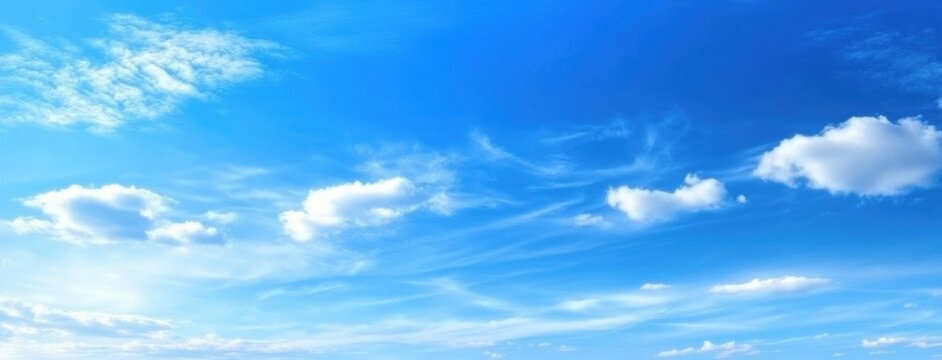 Bright and fresh blue sky with scattered clouds and light streaks. Tranquil and uplifting atmosphere suitable for nature-themed designs and wellness visuals.