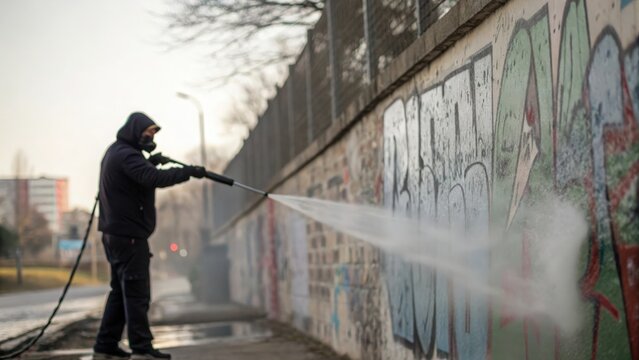 Pressure washer in action on graffiti-covered wall — techniques for complete removal