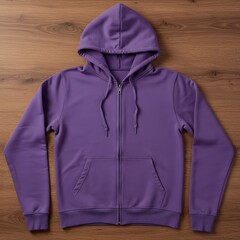 Stylish purple zip-up hoodie with drawstrings and front pocket laid flat