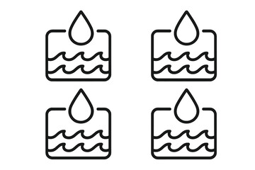 Waterproof icon set. Water drop and waves symbol. Water resistant pictogram. Liquid proof sign. Rain protection. Weather forecast. Clean aqua fluid label for package design.