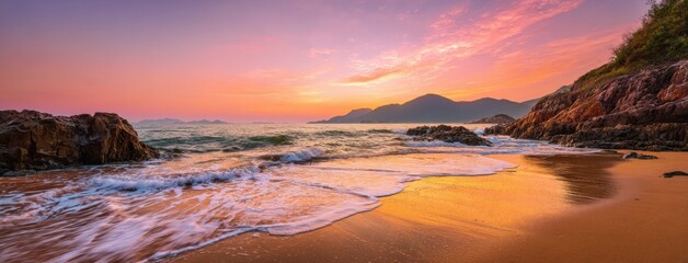 Beautiful tropical beach at sunset with waves gently crashing on the golden sand, vibrant colorful sky with orange and purple clouds, rocky coastline and distant mountains. Ideal for travel, romance, 