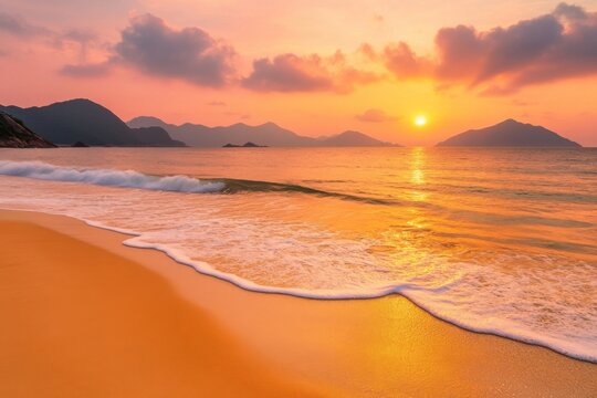 Golden sunrise over tranquil tropical beach with gentle waves washing the smooth sand, glowing sun rising behind mountain silhouettes, golden reflections on the ocean surface, calm coastal morning ide - Powered by Adobe