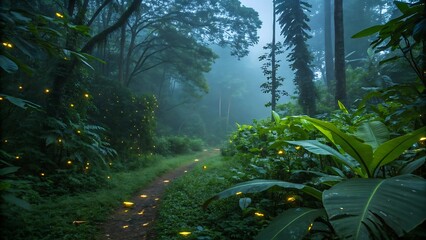 Mystical Forest Path Illuminated by Fireflies at Dusk Creating a Magical Atmosphere