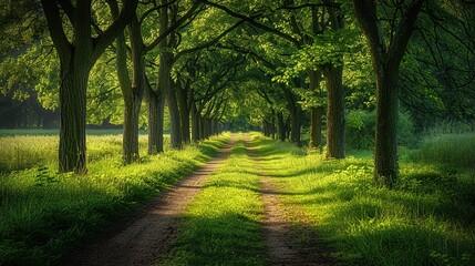 Naklejka premium Peaceful Tree Lined Path in a Green Countryside Landscape for Relaxation
