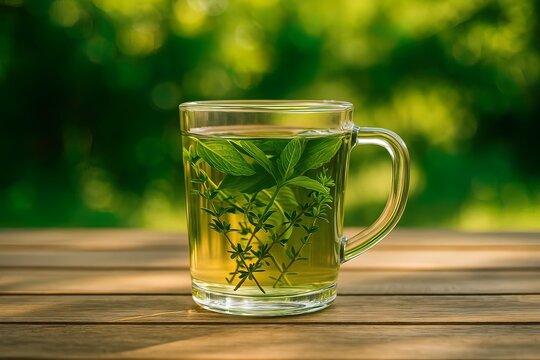 A clear glass mug filled with herbal tea infused with fresh mint and thyme on a wooden table outdoors. Generated AI.
