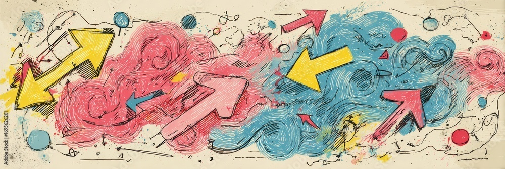 Poster colorful abstract arrows guide movement through swirling patterns in a vibrant artistic composition 