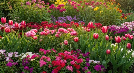 Fototapeta premium Vibrant flower bed with red and pink tulips and dense foliage