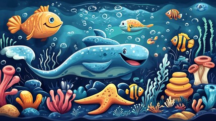 Joyful Underwater Scene: Cheerful Fish and Whale in Vibrant Ocean