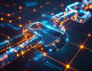 A glowing digital chain link representing blockchain technology and network connections.