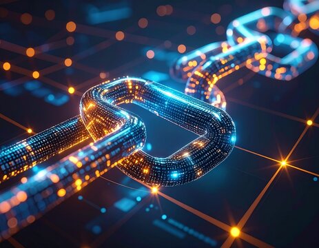 A glowing digital chain link representing blockchain technology and network connections.