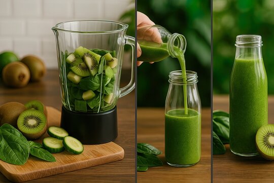 A three-panel collage showing kiwi and spinach being blended into a green smoothie and poured into a bottle. Generated AI.
