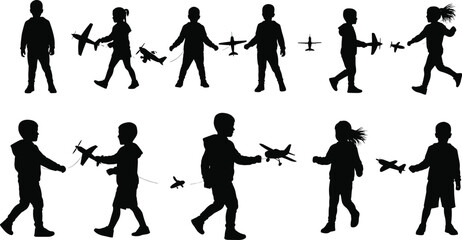 Silhouette children playing with toy airplanes, kids outdoor fun, childhood imagination, flying game, lifestyle activity, vector design, aviation concept