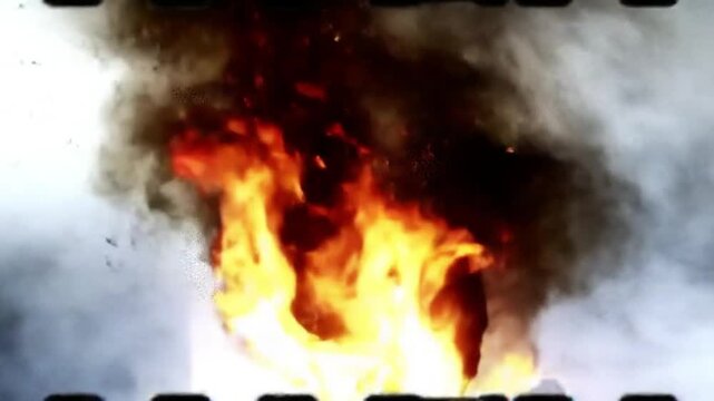 Create a detailed description, between 6 and 180 characters, without keyword lists.     *   "Intense fire with bright orange and yellow flames and thick dark...