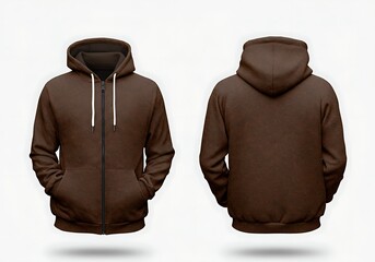 Stylish brown zip-up hoodie mockup front and back views for apparel design