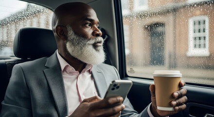 A successful businessman, thoughtfully reviewing his phone while enjoying a coffee in a car, on his way to an important meeting.