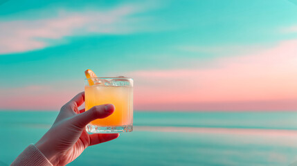 Sunset cocktail held above ocean, hand lifts chilled cocktail in frosted glass, pastel horizon frames cocktail as waves blur, refreshing beach sip invites slow evening relaxation, summer escape mood