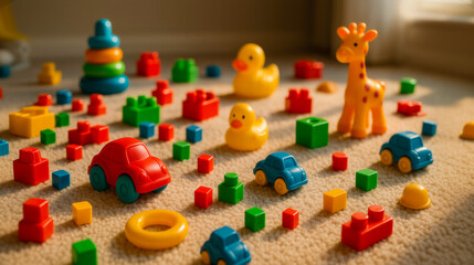Plastic toy cars and yellow ducks scattered on soft carpet with colorful blocks and stacking rings; cars dominate bright playtime setup filled with cheerful toddler toys