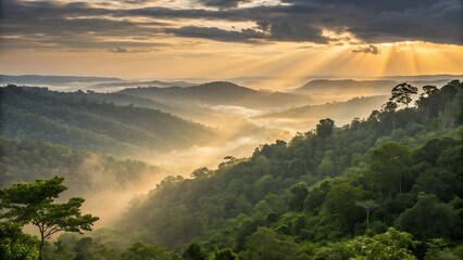 Sun Rays Pierce Through Mist Over Lush Green Mountains at Sunrise in Rwanda