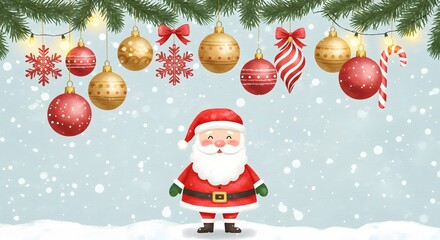 Festive Watercolor Christmas Scene with Santa and Ornaments
