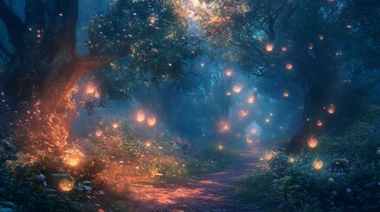 Naklejka premium Enchanted Forest Path: Glowing Lanterns and Dreamlike Atmosphere