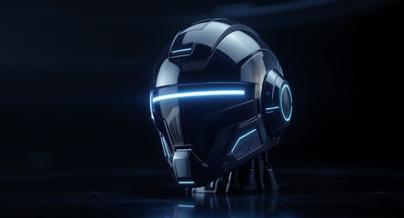 Sleek Futuristic Helmet with Glowing Blue Visor and Cybernetic Design. High-Tech Concept for AI, Virtual Reality, Gaming, and Advanced Technology. ...
