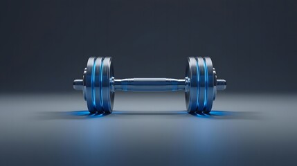 Highly detailed 3D render of a metallic dumbbell with glowing blue highlights on a minimalist gray background.