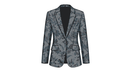 A grey blazer with a floral pattern is displayed on a white background in a studio shot.